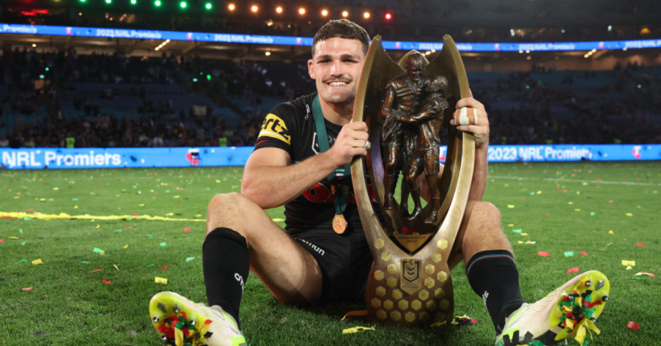 Penrith Panthers co-captain Nathan Cleary poses with GF trophy 