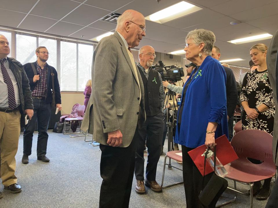 Former Sen. Patrick Leahy speaks to Mary Curran Campbell, sister of Rita Curran, at the press conference Feb. 21, 2022 announcing the solving of Rita Curran's murder. Rita Curran was killed 52 years ago in Burlington.