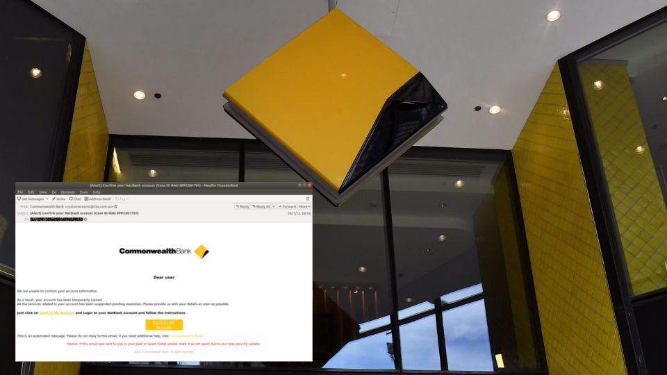 The exterior of a commonwealth bank building and a copy of the scam email.