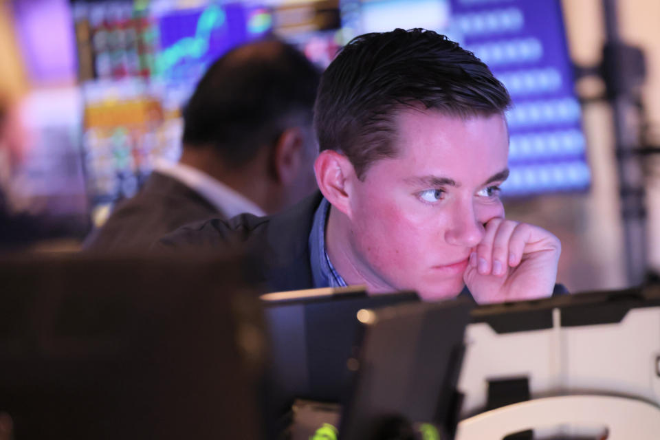 Traders work on the floor of the New York Stock Exchange during morning trading on April 10, 2023 in New York City. (Photo by Michael M. Santiago/Getty Images)