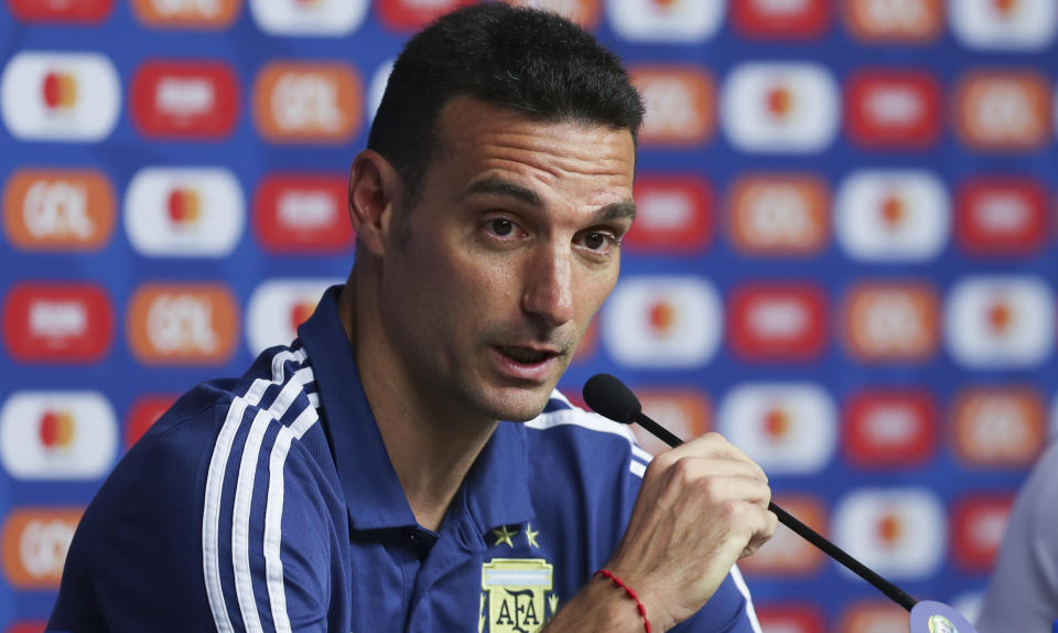 Argentina's coach Lionel Scaloni looks on during press conference in Belo Horizonte, Brazil, Monday, July 1, 2019. Argentina will face Brazil for a Copa America semifinal match on July, 2.(AP Photo/Natacha Pisarenko)