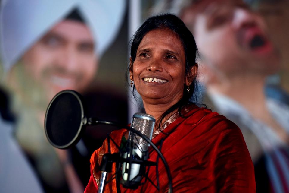 Singer Ranu Mondal, who became an online sensation after a video of her singing at a railway station in West Bengal went viral, takes part in a promotional event for the upcoming romantic Hindi comedy film 'Happy Hardy and Heer', in which she has a song featured, in Mumbai, on September 11, 2019. (Photo by SUJIT JAISWAL/AFP via Getty Images)