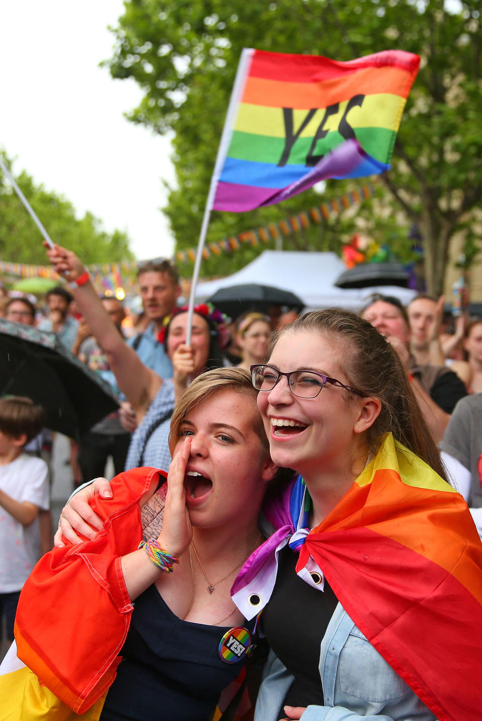 <p>Supporters of the ‘Yes’ vote for marriage equality celebrate at Melbourne’s Result Street Party on Nov. 15, 2017 in Melbourne, Australia. (Photo: Scott Barbour/Getty Images) </p>