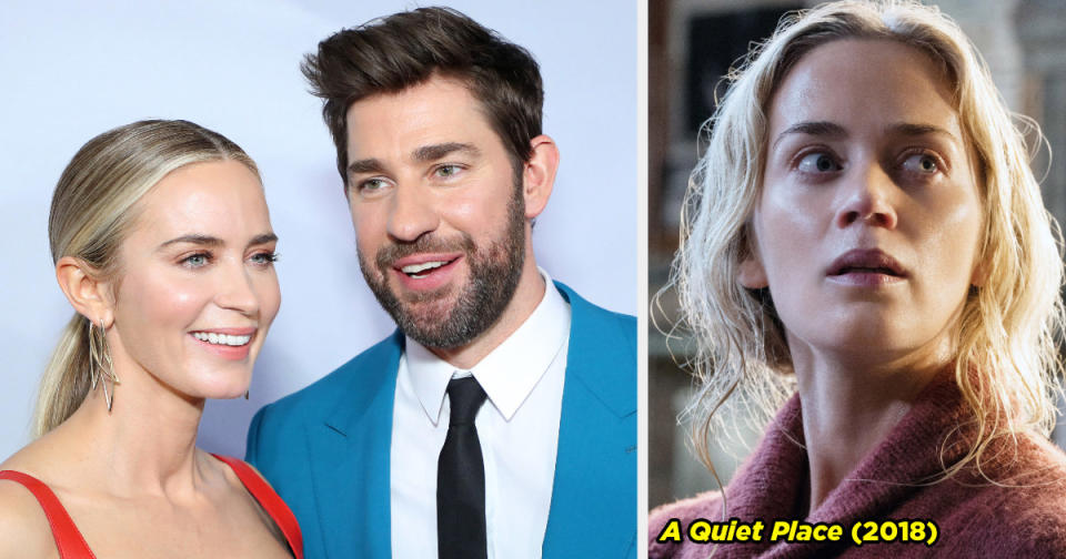 Emily Blunt posing with John Krasinski and Emily's character looking afraid in A Quiet Place.