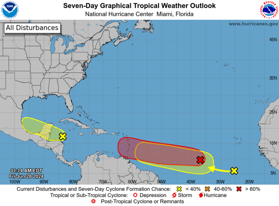 The tropical wave in the Atlantic has a growing chance of strengthening into Tropical Storm Beryl over the weekend.