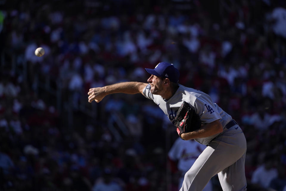 Los Angeles Dodgers starting pitcher Max Scherzer throws during the fifth inning of a baseball game against the St. Louis Cardinals Monday, Sept. 6, 2021, in St. Louis. (AP Photo/Jeff Roberson)