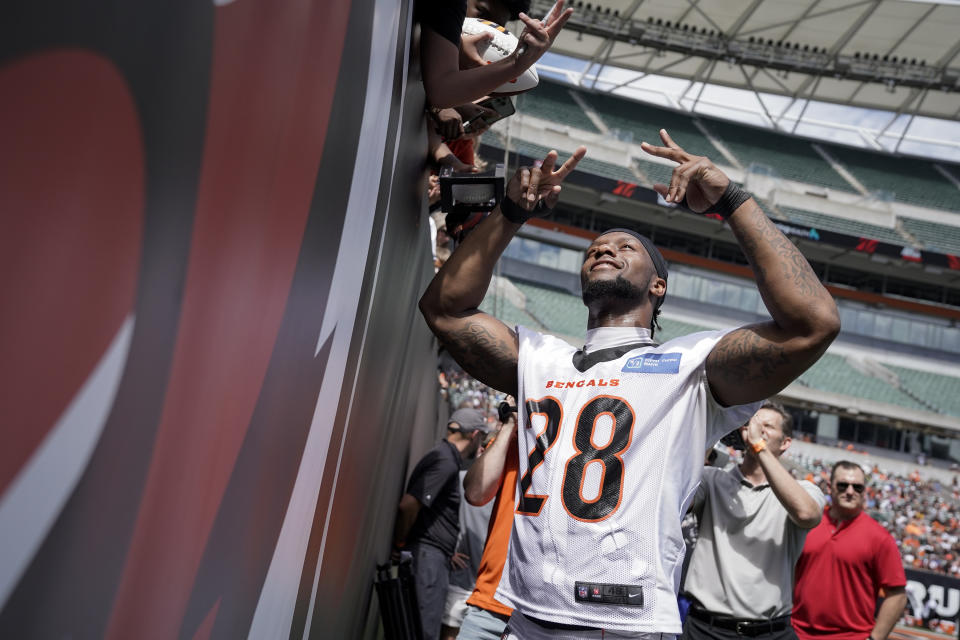 Cincinnati Bengals running back Joe Mixon (28) poses for a photo during an NFL football training camp practice Saturday, July 30, 2022, in Cincinnati. (AP Photo/Jeff Dean)