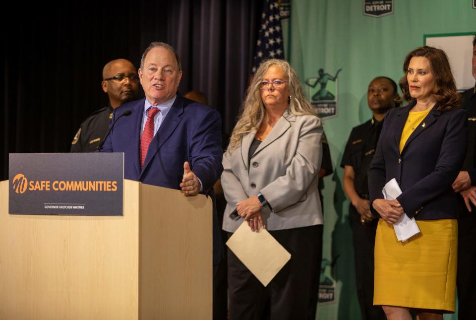 Detroit Mayor Mike Duggan speaks alongside Gov. Gretchen Whitmer, Detroit Police Chief James White and Kristin Gagnon during a news conference about the Operation Safe Neighborhoods program inside the Detroit Public Safety Headquarters in Detroit on Tuesday, May 16, 2023.