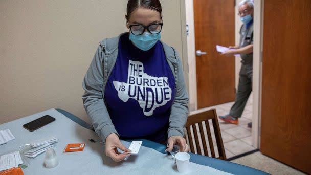 PHOTO: Elizabeth Hernandez, a medical assistant at Women's Reproductive Clinic of New Mexico in Santa Teresa, N.M., prepares mifepristone, the first medication in a medical abortion for a patient, Jan. 13, 2023. (Evelyn Hockstein/Reuters)