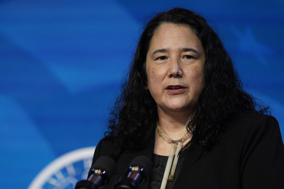 FILE - In this Jan. 8, 2021 file photo President-elect Joe Biden's nominee for Small Business Administrator, Isabel Guzman speaks during an event at The Queen theater in Wilmington, Del. (AP Photo/Susan Walsh, File)