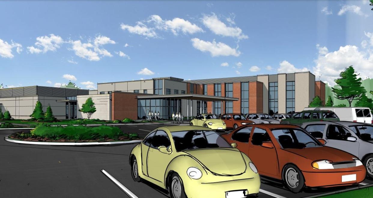 A rendering looking west at LifePoint Health's proposed 50-bed hospital in the village of Howard.