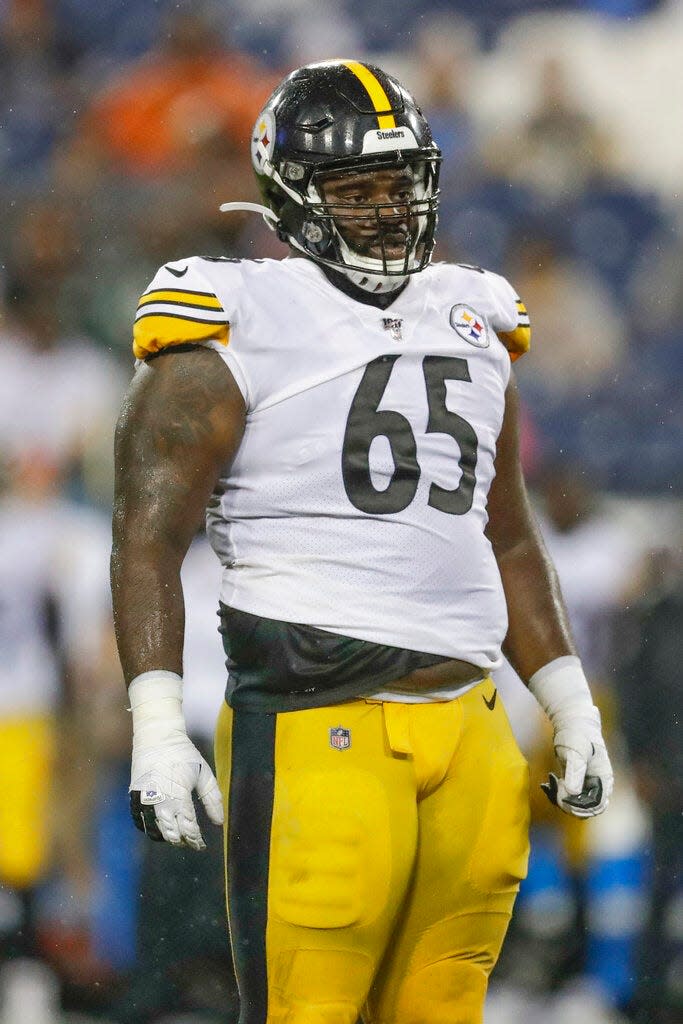 Pittsburgh Steelers defensive end Greg Gilmore (65) plays against the Tennessee Titans in the second half of a preseason NFL football game Sunday, Aug. 25, 2019, in Nashville, Tenn. (AP Photo/James Kenney)