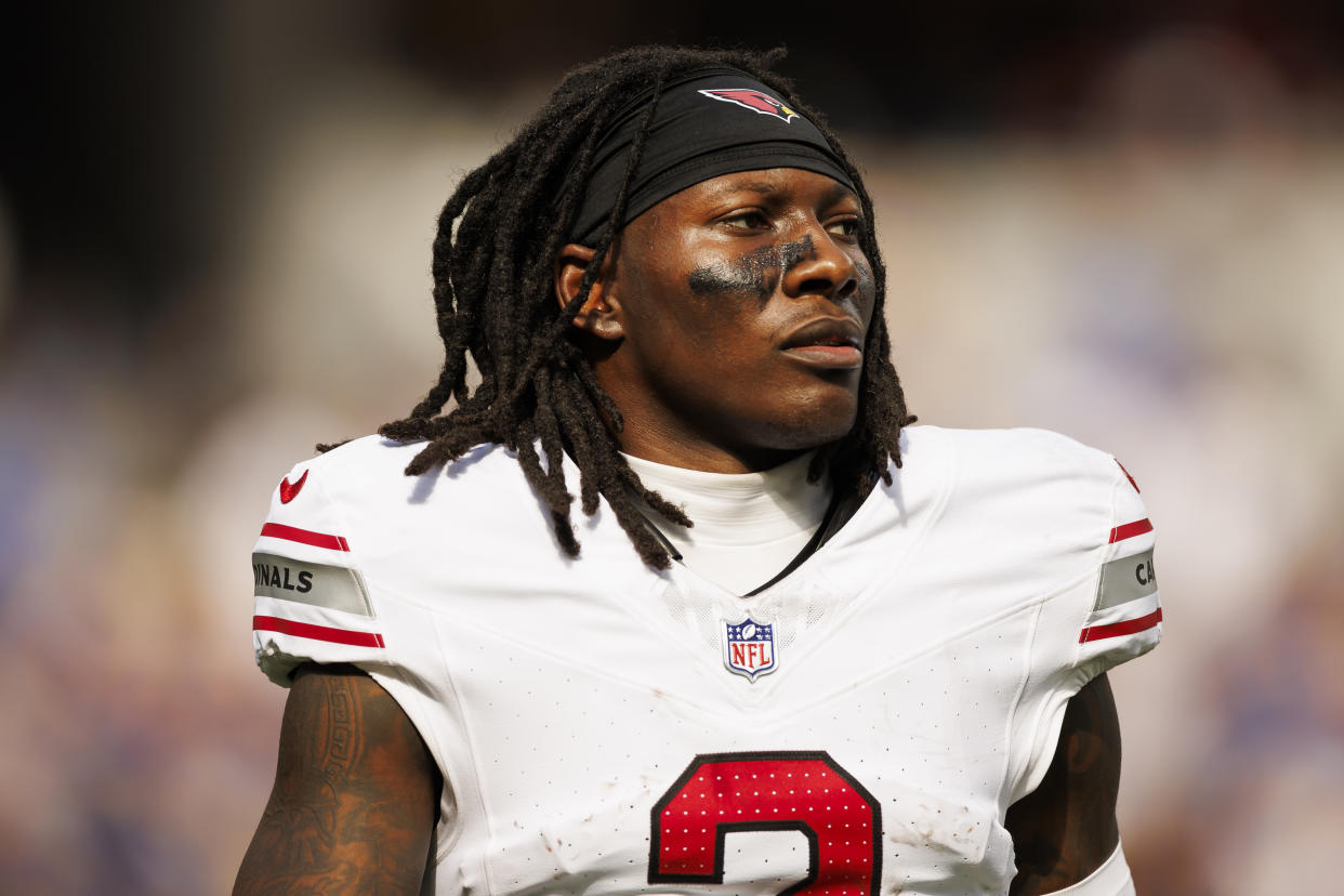 INGLEWOOD, CALIFORNIA - OCTOBER 15: Marquise Brown #2 of the Arizona Cardinals looks on from the field during an NFL football game against the Los Angeles Rams at SoFi Stadium on October 15, 2023 in Inglewood, California. (Photo by Ryan Kang/Getty Images)