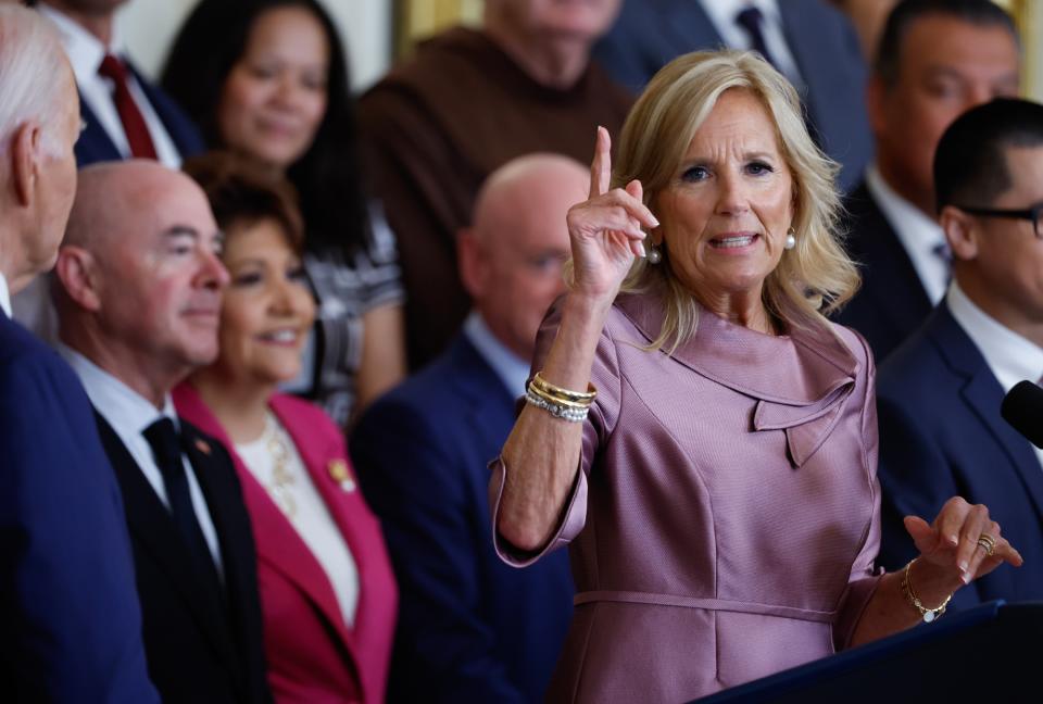 WASHINGTON, DC - JUNE 18: U.S. first lady Jill Biden speaks before U.S. President Joe Biden delivers remarks at an event marking the 12th anniversary of the Deferred Action for Childhood Arrivals (DACA) program in the East Room at the White House on June 18, 2024 in Washington, DC. Biden announced a new program that will provide protections for undocumented immigrants married to U.S. citizens, allowing them to obtain work authorization and streamline their path to citizenship. (Photo by Chip Somodevilla/Getty Images)