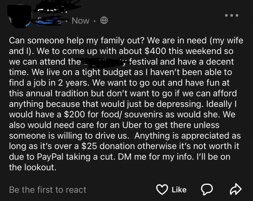 "Can someone help my family out?"