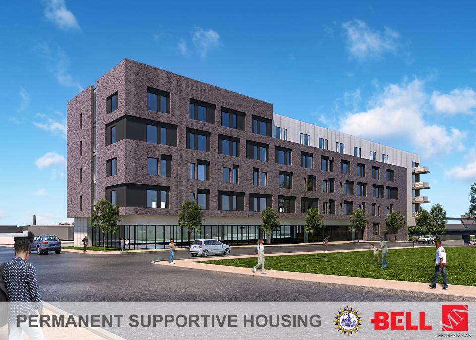 A rendering depicts the Second Avenue view of a new 90-unit permanent supportive housing center at 600 2nd Ave. North in Nashville, Tennessee. The $25 million center will provide housing and on-site support services for Nashville residents experiencing chronic homelessness and is slated to open in fall 2023.