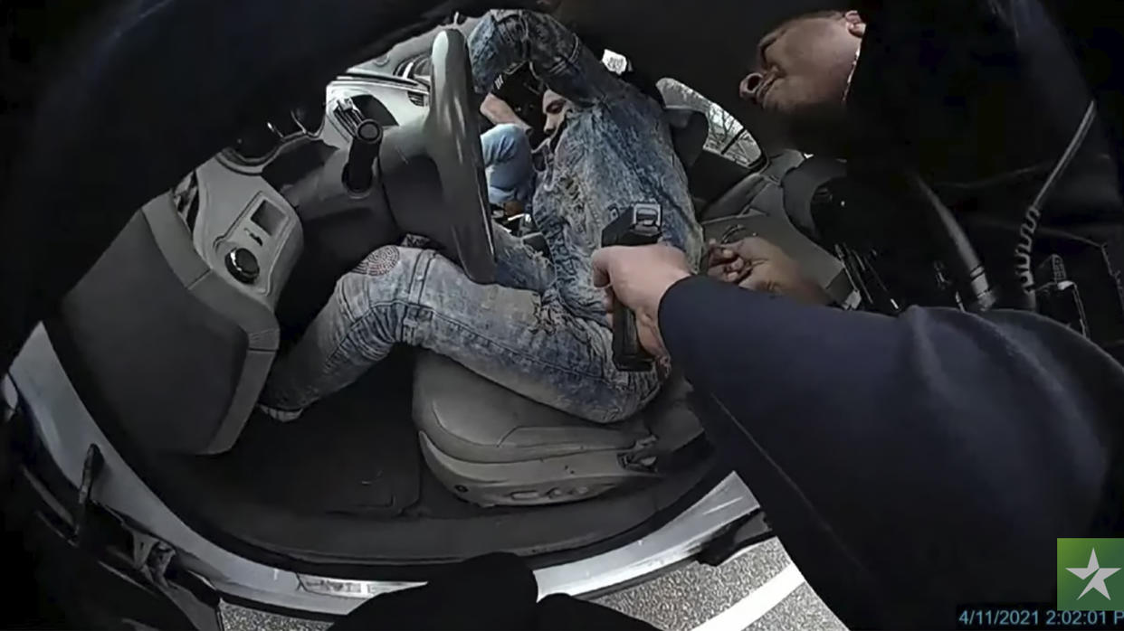This still image taken from from police body cam video shows Daunte Wright during a traffic stop on April 11, 2021. Assistant Attorney General Erin Eldridge delivered closing arguments, Monday, Dec. 20, 2021, at the Hennepin County Courthouse in Minneapolis, in the trial of former Brooklyn Center police Officer Kim Potter for Wright's death during the encounter. (Court TV via AP, Pool)