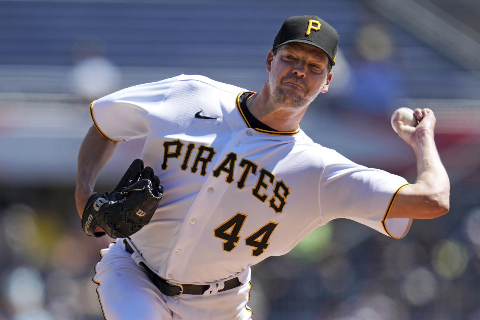 Pittsburgh Pirates starting pitcher Rich Hill delivers during the first inning of a baseball game against the Houston Astros in Pittsburgh, Wednesday, April 12, 2023. (AP Photo/Gene J. Puskar)