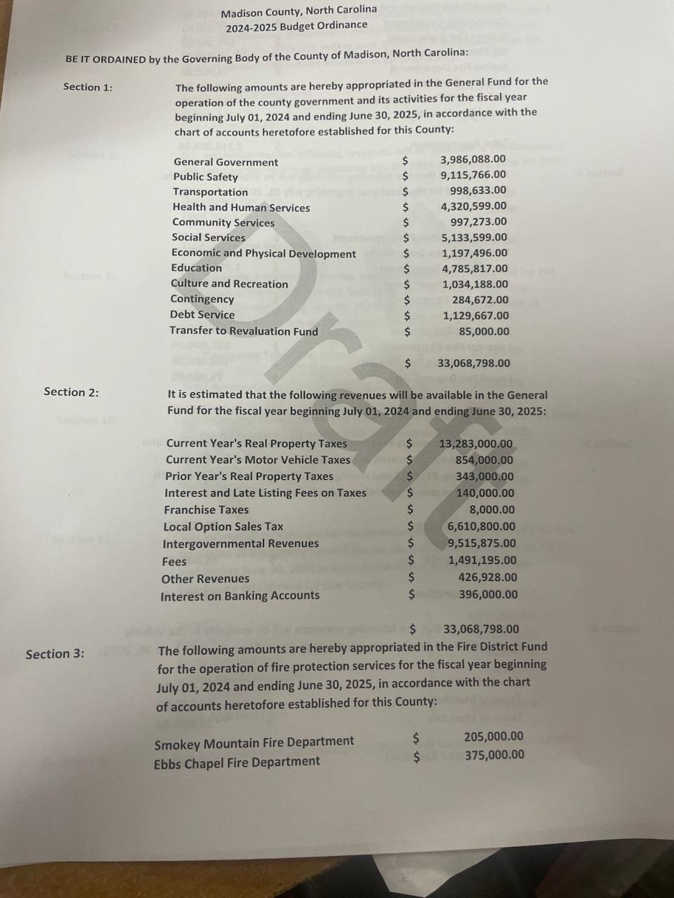 Pictured is the Madison County 2024-25 budget ordinance.