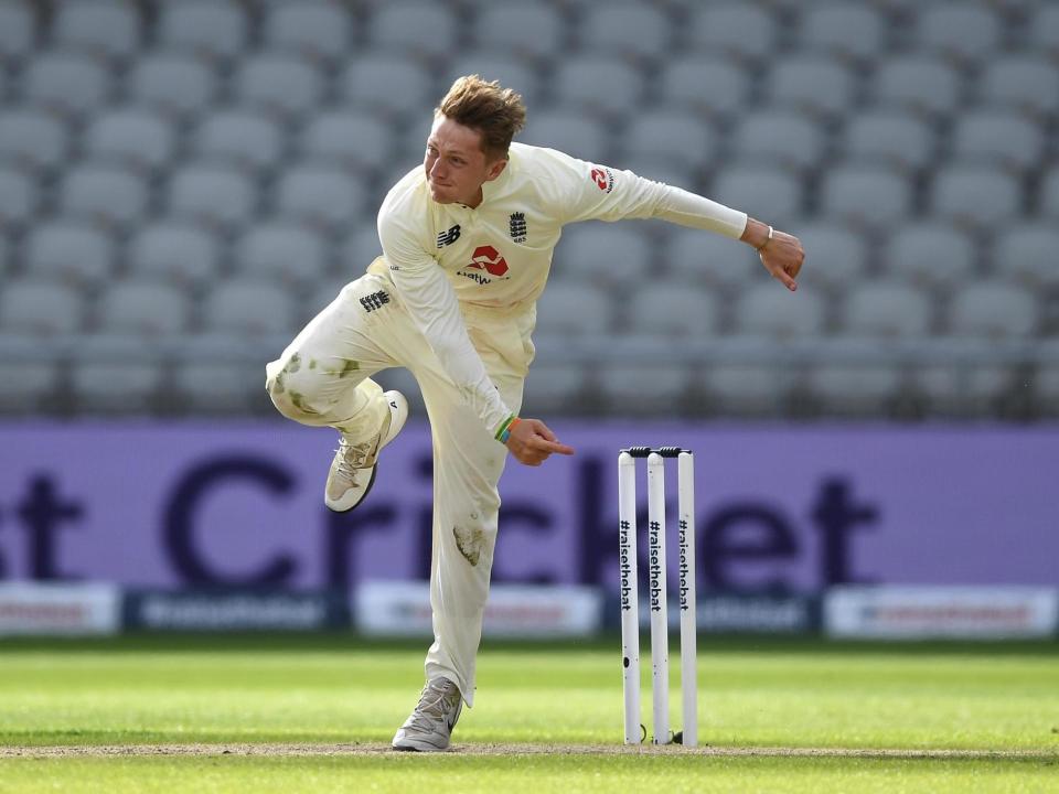 Dom Bess in action against the West Indies: Getty