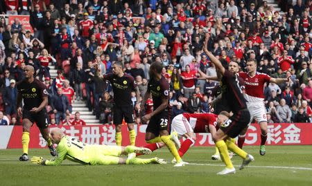 Britain Football Soccer - Middlesbrough v Manchester City - Premier League - The Riverside Stadium - 30/4/17 Middlesbrough's Calum Chambers celebrates scoring their second goal Reuters / Russell Cheyne Livepic