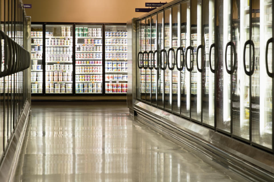 Pictured is the freezer section of a supermarket