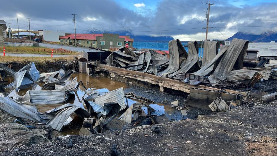The building remains after a fire destroyed the post office and general store in Atlin, B.C.