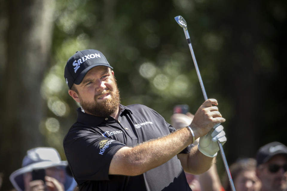 Shane Lowry, of Ireland, watches his drive off the ninth tee during the final round of the RBC Heritage golf tournament, Sunday, April 17, 2022, in Hilton Head Island, S.C. (AP Photo/Stephen B. Morton)
