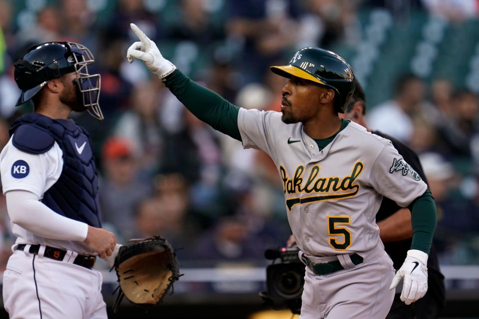 Athletics second baseman Tony Kemp celebrates his home run against the Tigers in the third inning on Monday, May 9, 2022, at Comerica Park.