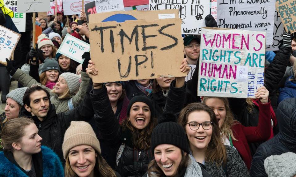 Women rally in London on 21 January 2018. 