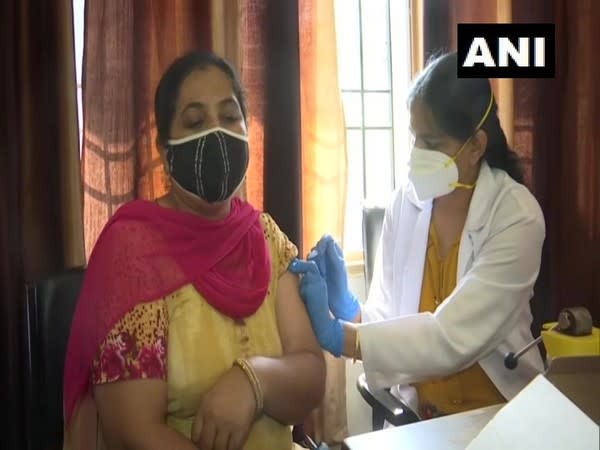 A woman getting vaccinated at the special COVID-19 vaccination drive in Panchkula. (Photo/ANI)