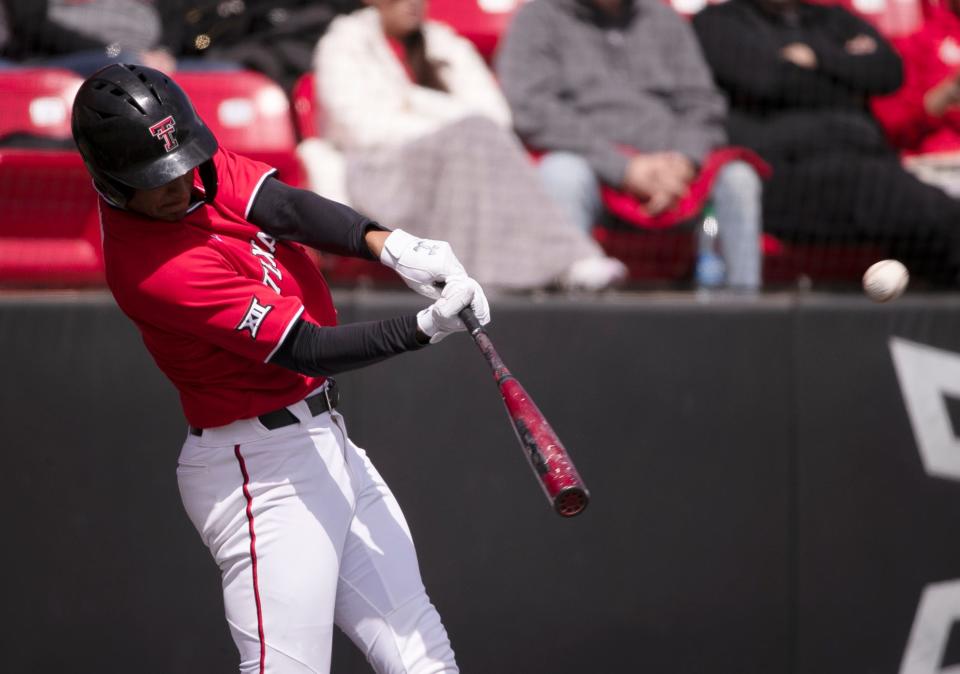 Texas Tech left fielder Damian Bravo, shown in a game last season, had three doubles and three runs batted in Sunday in the Red Raiders' 11-7 victory over Oregon. Tech takes on Texas-Arlington at 6 p.m. Tuesday at Globe Life Field, site of the Red Raiders' first five games of the season.