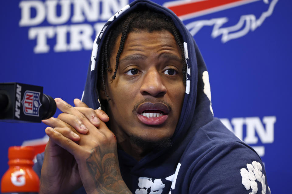 Buffalo Bills cornerback Rasul Douglas meets with reporters after an NFL football game against the New England Patriots in Orchard Park, NY., Sunday, Dec. 31, 2023. The Bills won 27-21. (AP Photo/Jeffrey T. Barnes )