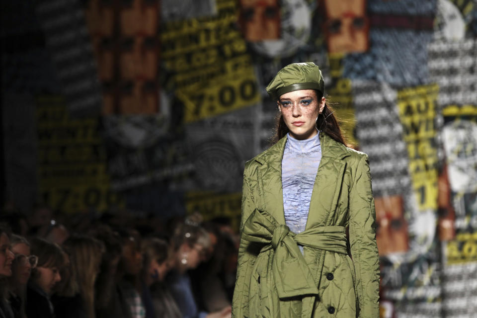 A model wears a creation by designer House of Holland at the Autumn/Winter 2019 fashion week runway show in London, Saturday, Feb. 16, 2019.(Photo by Grant Pollard/Invision/AP)