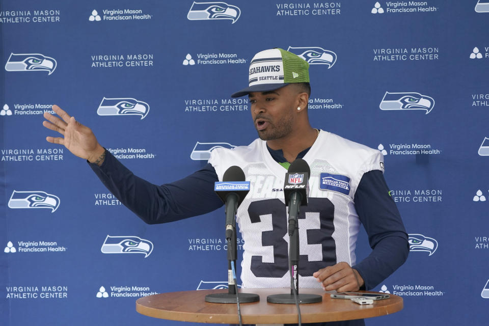 Seattle Seahawks strong safety Jamal Adams talks to reporters after NFL football practice Tuesday, June 7, 2022, in Renton, Wash. (AP Photo/Ted S. Warren)