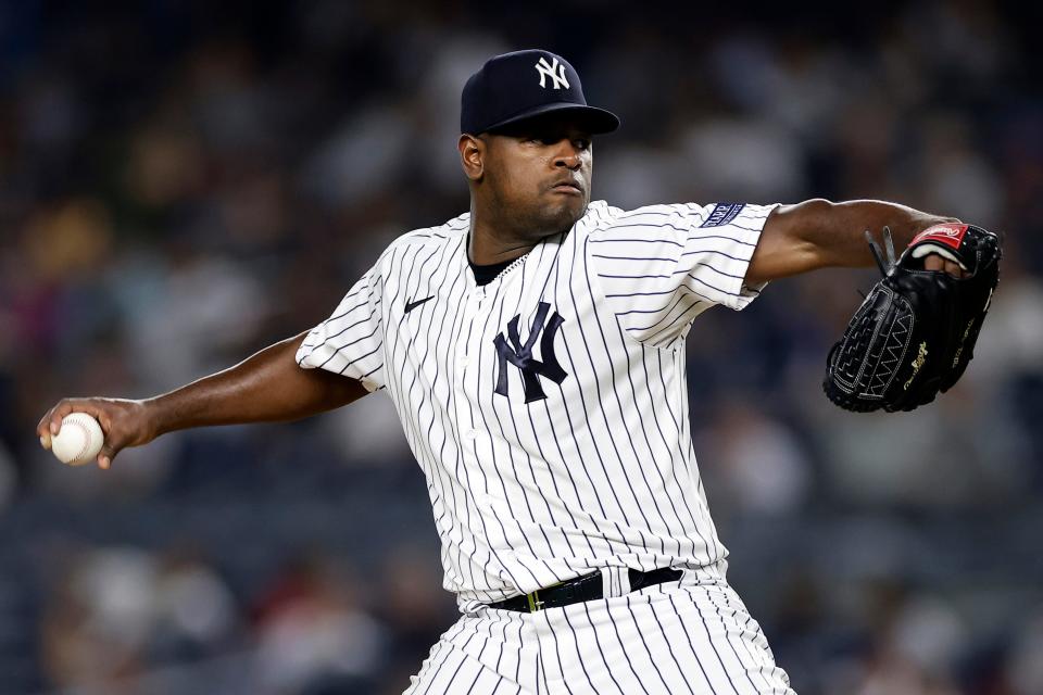 New York Yankees pitcher Luis Severino (40) pitches against the Milwaukee Brewers during the third inning of a baseball game Friday, Sept. 8, 2023, in New York. (AP Photo/Adam Hunger)