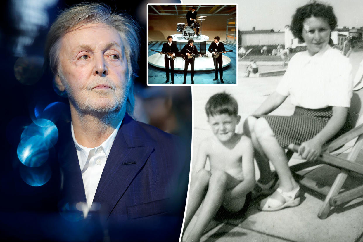 Paul McCartney, the Beatles, and a young McCartney with his mother Mary.