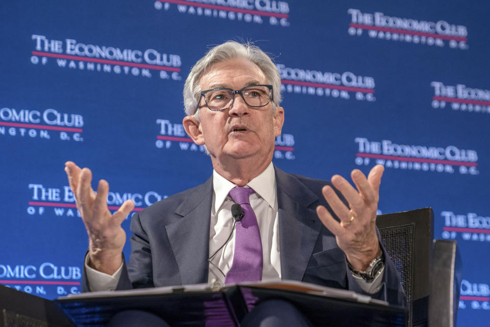 Federal Reserve Chair Jerome Powell speaks at the Economic Club of Washington, Tuesday, Feb. 7, 2023, at the Renaissance Hotel in Washington. (AP Photo/Jess Rapfogel)