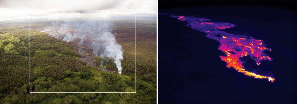 This pair of images released Oct. 22, 2014 by the U.S. Geological Survey shows a comparison of a normal photograph of the lava flow front, left, with a thermal image of the flow that is threatening the town of Pahoa on the Big Island of Hawaii. The white box shows the approximate extent of the thermal image. The thermal image shows that active breakouts (white and yellow areas) are focused along the narrow lobe at the leading edge of the flow, but are also scattered for about 2 km (1.2 miles) behind the flow front. Authorities on Sunday, Oct. 26, 2014 said lava had advanced about 250 yards since Saturday morning and was moving at the rate of about 10 to 15 yards an hour, consistent with its advancement in recent days. The flow front passed through a predominantly Buddhist cemetery, covering grave sites in the mostly rural region of Puna, and was roughly a half-mile from Pahoa Village Road, the main street of Pahoa. (AP Photo/U.S. Geological Survey)