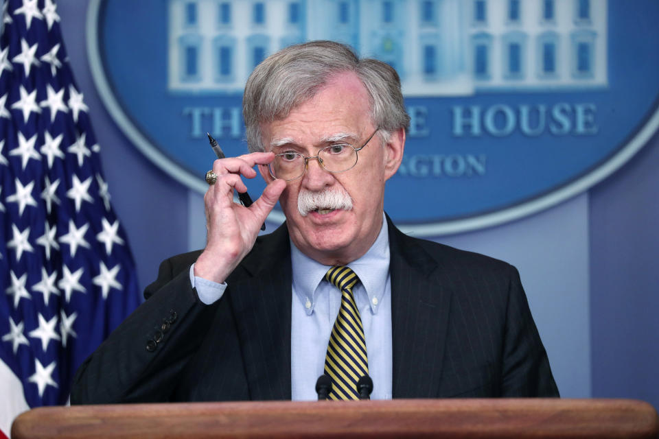 Then U.S. National Security Advisor John Bolton answers questions from reporters as he announces that the U.S. will withdraw from a treaty with Iran during a news conference in the White House briefing room in Washington on October 3, 2018.  (Jonathan Ernst/Reuters)