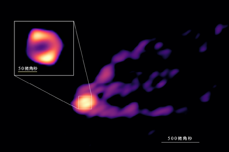 M87噴流和黑洞陰影在毫米波段的VLBI影像，由加入了ALMA和格陵蘭望遠鏡的GMVA取得(圖片來源：Lu, Asada, et al. )