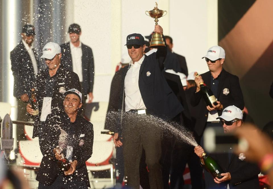 <p>The USA team celebrate winning the Ryder Cup at the Closing Ceremony of The 2016 Ryder Cup Matches at the Hazeltine National Golf Club in Chaska, Minnesota, USA. (Photo By Ramsey Cardy/Sportsfile via Getty Images)</p>