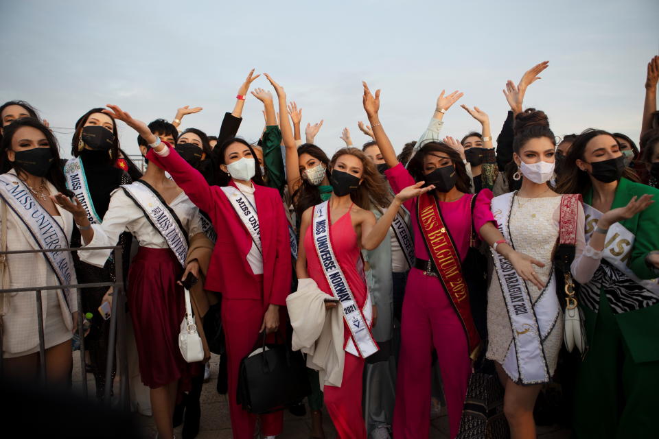 Miss Universe contestants tour David Tower in Jerusalem&#39;s old city ahead of the annual beauty pageant which will take place in the Red Sea resort of Eilat, November 30, 2021. REUTERS/ Nir Elias