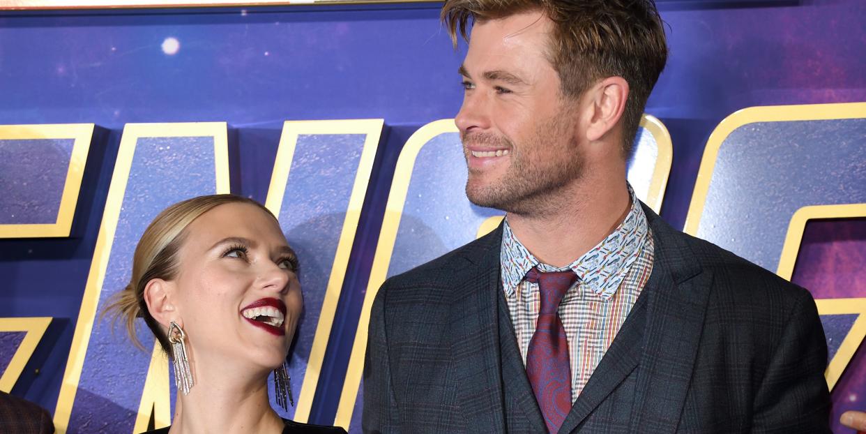 london, england april 10 scarlett johansson and chris hemsworth attend the avengers endgame uk fan event at picturehouse central on april 10, 2019 in london, england photo by karwai tangwireimage
