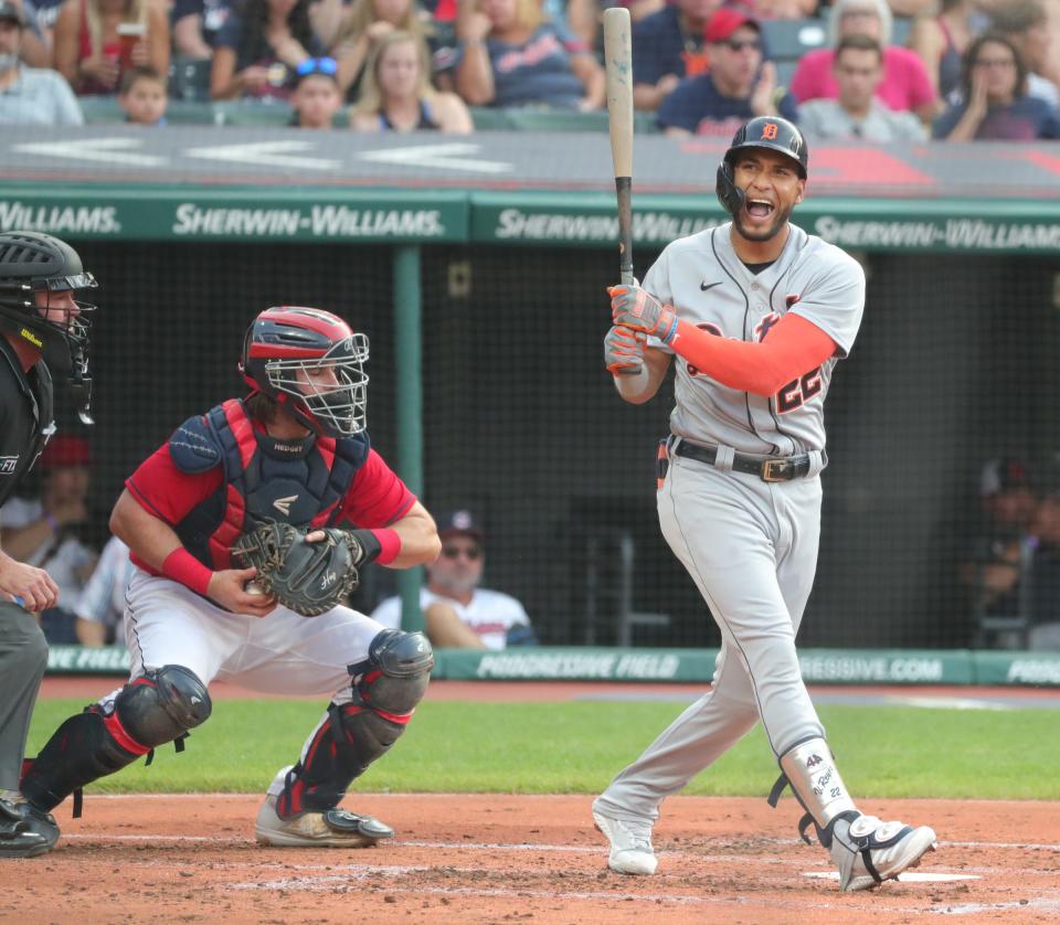Detroit Tigers center fielder Victor Reyes (22) reacts after striking out against Cleveland  starting pitcher Cal Quantrill (47) during third inning action Friday, August 6, 2021at Progressive Field in Cleveland, OH.
