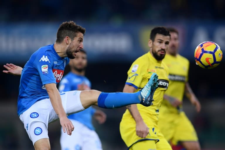 Napoli's Dries Mertens kikcks the ball during their Italian Serie A match against Chievo Verona, at the Marcantonio Bentegodi Stadium in Verona, on November 5, 2017