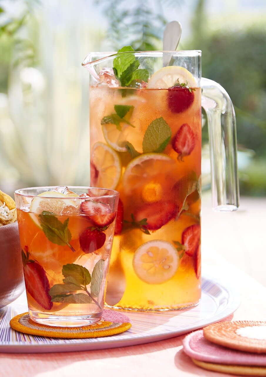 The secret to this sangria-inspired (nonalcoholic) sipper is a mint- and berry-infused simple syrup with lots of fresh fruit and mint to finish.