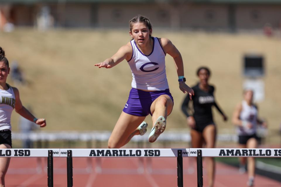 Canyon’s Abree Winfrey wins the Varsity Girls 300 Meter Hurdles in the Amarillo Relays, March 25, 2023, at Dick Bivins Stadium, in Amarillo, Texas.