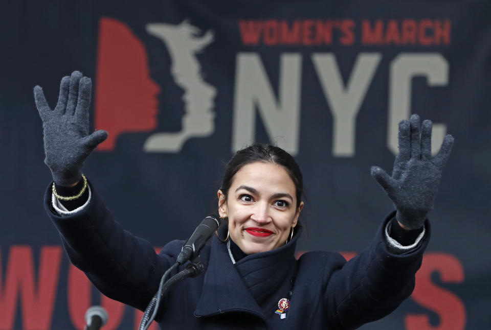 U.S. Rep. Alexandria Ocasio-Cortez, (D-New York) waves to the crowd after speaking at Women’s Unity Rally organized by Women’s March NYC at Foley Square in Lower Manhattan, Saturday, Jan. 19, 2019, in New York. (Photo: Kathy Willens/AP)