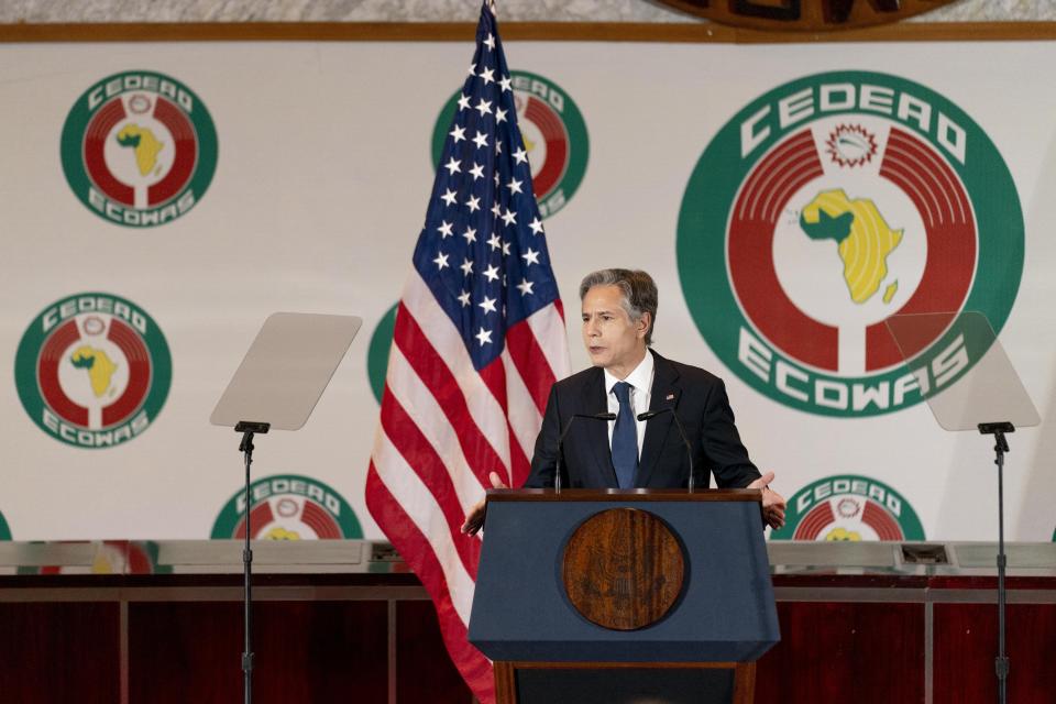 Secretary of State Antony Blinken gives a speech on U.S. Africa Policy at the Economic Community of West African States in Abuja, Nigeria, Friday, Nov. 19, 2021. Blinken is on a five day trip to Kenya, Nigeria, and Senegal. (AP Photo/Andrew Harnik, Pool)